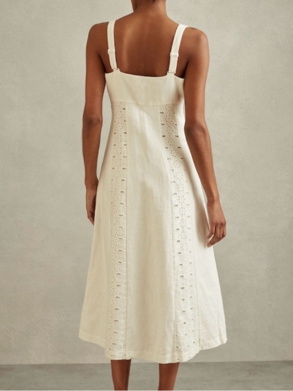 REISS Clarice Petite White Linen Eyelet Button Down Midi Dress Sz 4P Coastal - Picture 2 of 15